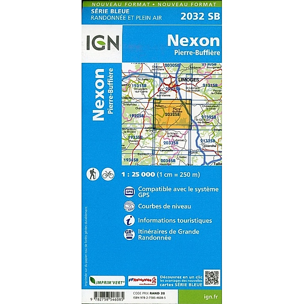 IGN topographische Karte 1:25T Série Bleue / 2032SB / IGN Karte, Serie Bleue Top 25 Nexon.Pierre-Buffière