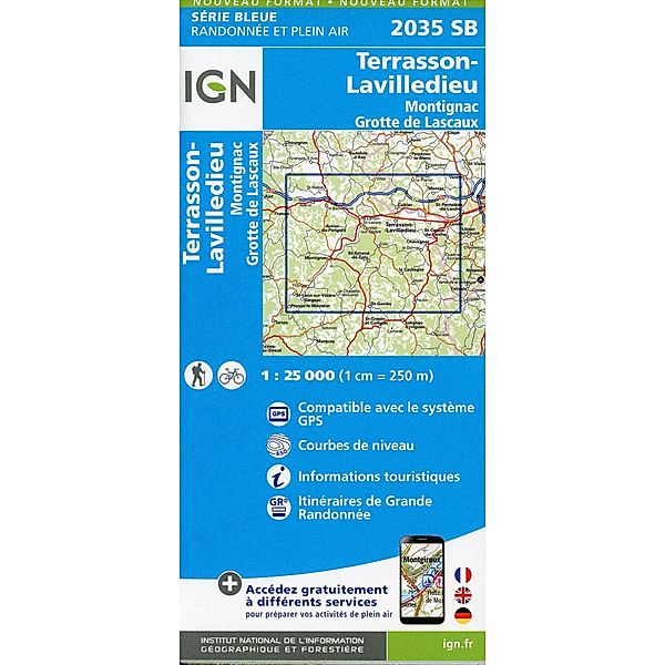 IGN topographische Karte 1:25T Série Bleue / 2035SB / 2035SB Terrasson-Lavilledieu-Montignac.Grotte de Lascaux