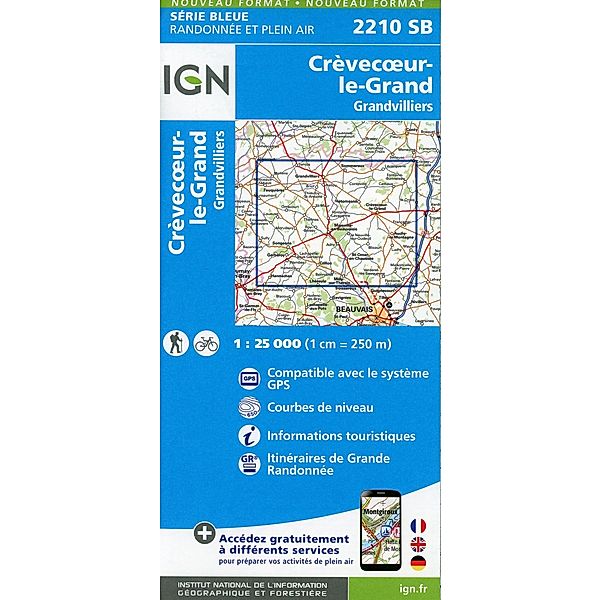 IGN topographische Karte 1:25T Série Bleue / 2210SB / 2210SB Crèvecoeoeur-le-Grand.Grandvilliers