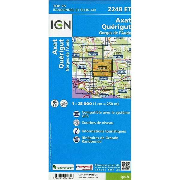 IGN topographische Karte 1:25T Série Bleue / 2248ET / 2248ET Axat Quérigut Gorges de l'Aude