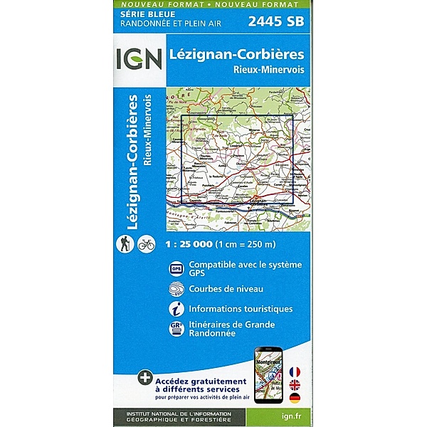 IGN topographische Karte 1:25T Série Bleue / 2445SB / 2445SB Lézignan-Corbières-Peyriac-Minervois
