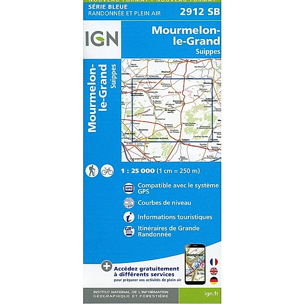 IGN topographische Karte 1:25T Série Bleue / 2912SB / 2912SB Monthois.Mourmelon-le-Grand