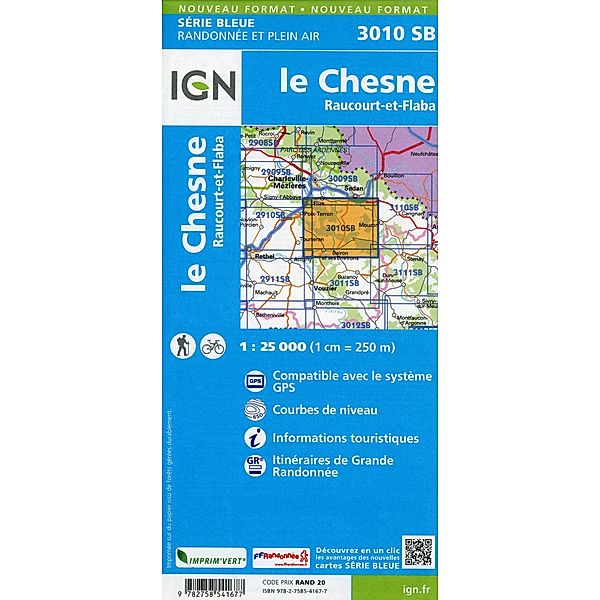 IGN topographische Karte 1:25T Série Bleue / 3010SB / 3010SB Le Chesne Raucourt-et-Flaba