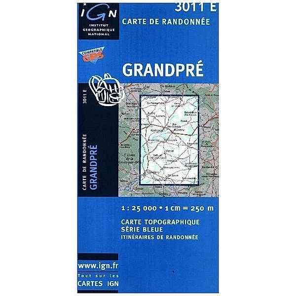 IGN topographische Karte 1:25T Série Bleue / 3011SB / 3011SB Vouziers Grandpre