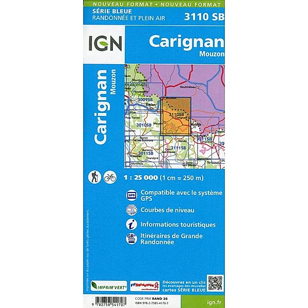 IGN topographische Karte 1:25T Série Bleue / 3110SB / 3110SB Carignan Mouzon