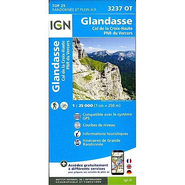IGN topographische Karte 1:25T Série Bleue / 3237OT / 3237OT Glandasse Col de la Croix-Haute