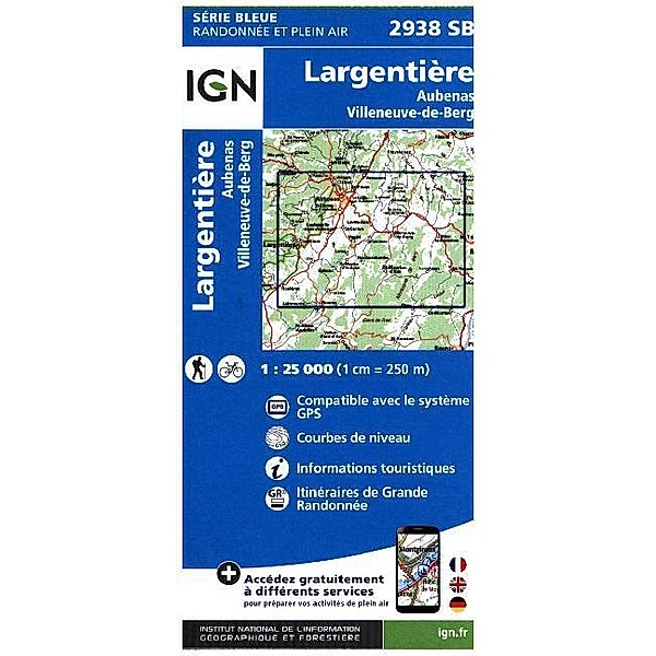 IGN topographische Karte 1:25T Série Bleue / Bl.2938 / IGN Karte, Carte de randonnée (et plein air) Largentière, Aubenas, Villeneuve-de-Berg