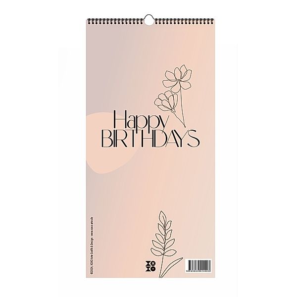 Immerwährender Geburtstagskalender Happy Birthdays ohne Jahreszahl. Florale Lineart in Bohofarben., Anja Garschhammer, XOXO Arte