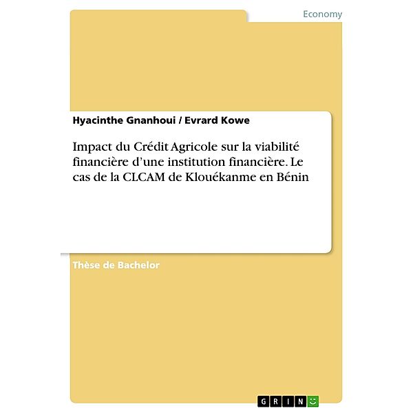 Impact du Crédit Agricole sur la viabilité financière d'une institution financière. Le cas de la CLCAM de Klouékanme en Bénin, Hyacinthe Gnanhoui, Evrard Kowe