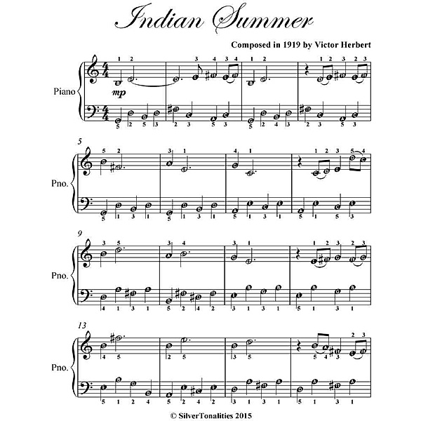 Indian Summer Easy Piano Sheet Music, Victor Herbert