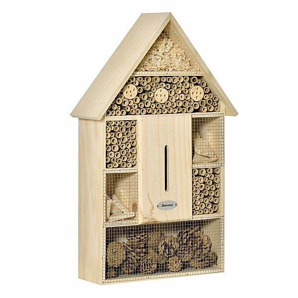 Insektenhotel bietet Insekten einen sicheren Unterschlupf und ein Nest, Konstruiert aus verschiedenen Materialien
