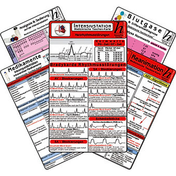 Intensiv-Station Karten-Set - Analgesie & Sedierung, Blutgase & Differentialdiagnose, Herzrhythmusstörungen, Inkompatibilitäten intravenöser Medikamente, Reanimation