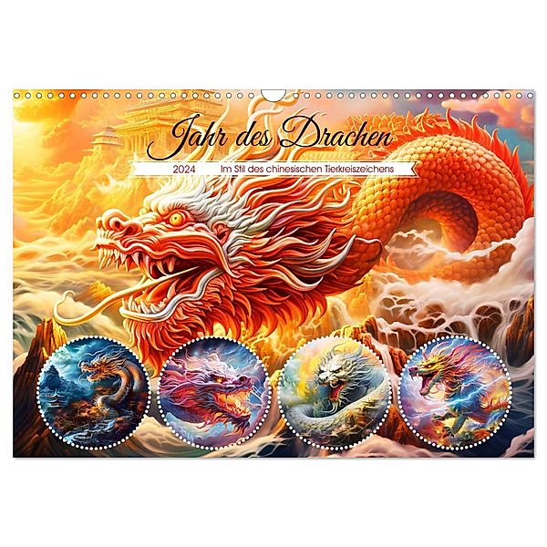 Jahr des Drachen - Im Stil des chinesischen Tierkreiszeichens (Wandkalender 2024 DIN A3 quer), CALVENDO Monatskalender, Calvendo, Anja Frost