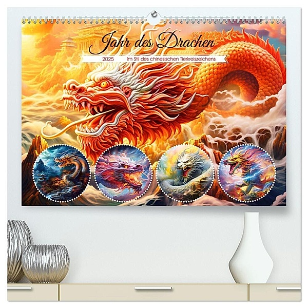 Jahr des Drachen - Im Stil des chinesischen Tierkreiszeichens (hochwertiger Premium Wandkalender 2025 DIN A2 quer), Kunstdruck in Hochglanz, Calvendo, Anja Frost
