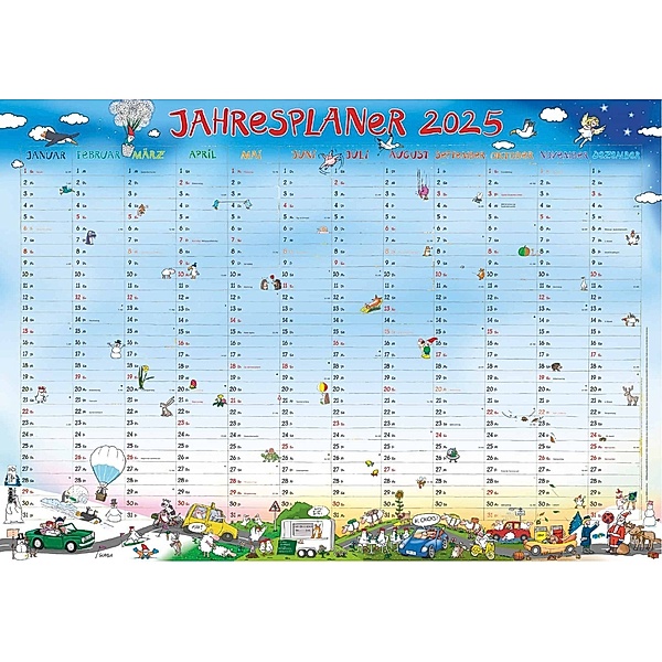 Jahresplaner Happy XL 2025 - Plakat-Kalender 100x70 cm - mit liebevollen Illustrationen - Alpha Edition