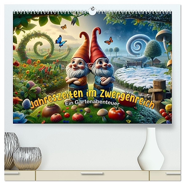 Jahreszeiten im Zwergenreich: Ein Gartenabenteuer (hochwertiger Premium Wandkalender 2025 DIN A2 quer), Kunstdruck in Hochglanz, Calvendo, artefacti