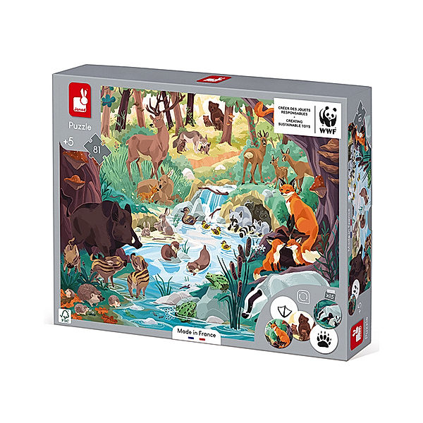 Janod Janod-WWF® Edukativ-Puzzle WALDTIERE 81-teilig mit Suchspiel