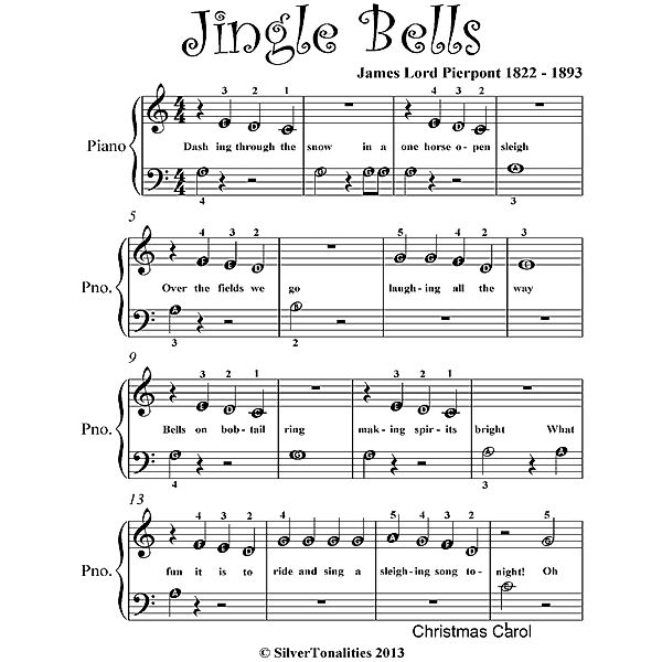 Jingle Bells Beginner Piano Sheet Music, Christmas Carol