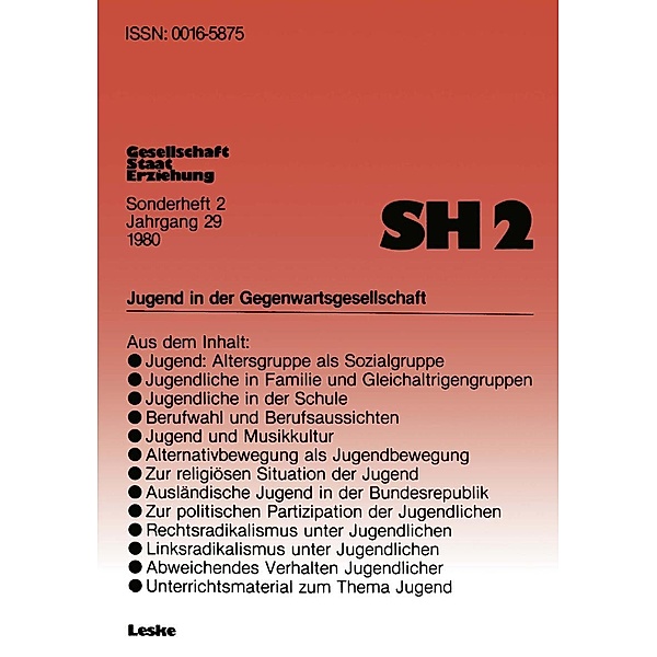 Jugend in der Gegenwartsgesellschaft / Gegenwartskunde - Sonderheft Bd.2, Bernhard Schäfers