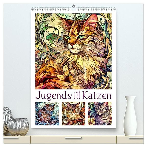 Jugendstil Katzen (hochwertiger Premium Wandkalender 2024 DIN A2 hoch), Kunstdruck in Hochglanz, Sabine Löwer