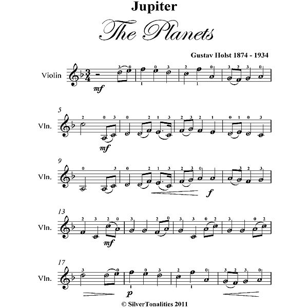 Jupiter the Planets Easy Violin Sheet Music, Gustav Holst