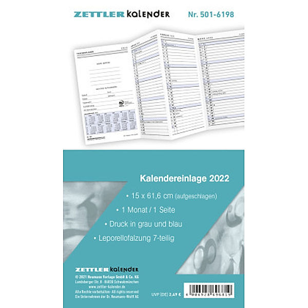 Kalender-Ersatzeinlage 2022 - für den Taschenplaner Leporello Typ 501 - 8,8 x 15,2 cm - 1 Monat auf 1 Seite - separates