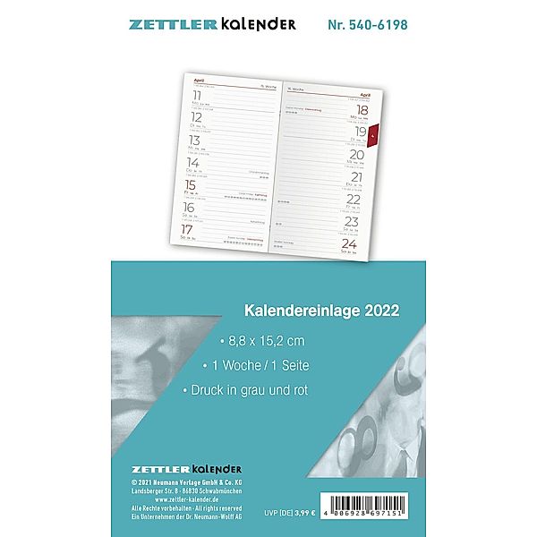 Kalender-Ersatzeinlage 2022 - für den Taschenplaner Typ 540 - 8,8x15,2 cm - 1 Woche auf 1 Seiten - separates Adressheft