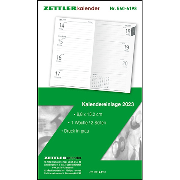 Kalender-Ersatzeinlage 2023 - für den Taschenplaner Leporello Typ 501 - 8,8 x 15,2 cm - 1 Monat auf 1 Seite - separates