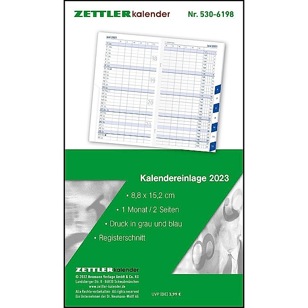 Kalender-Ersatzeinlage 2023 - für den Taschenplaner Typ 540 - 8,8x15,2 cm - 1 Woche auf 1 Seiten - separates Adressheft