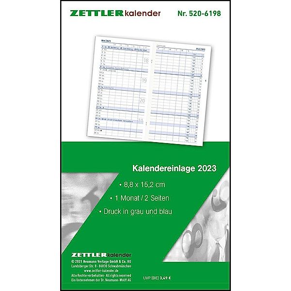 Kalender-Ersatzeinlage 2023 - für den Taschenplaner Typ 530 - 8,8x15,2 cm - 1 Monat auf 2 Seiten - Registerschnitt - sep