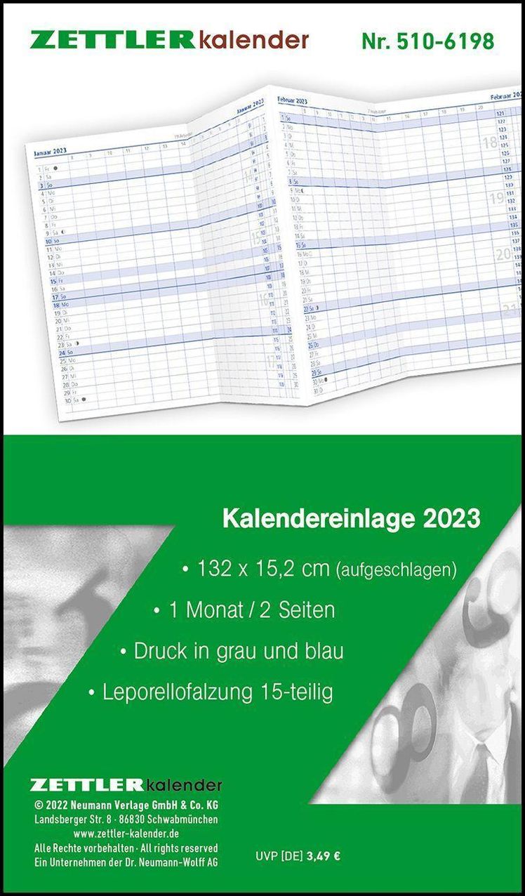 Kalender-Ersatzeinlage 2023 - für den Taschenplaner Typ 520 - 8,8x15,2 cm -  1 Monat auf 2 Seiten - separates Adressheft - Kalender bestellen
