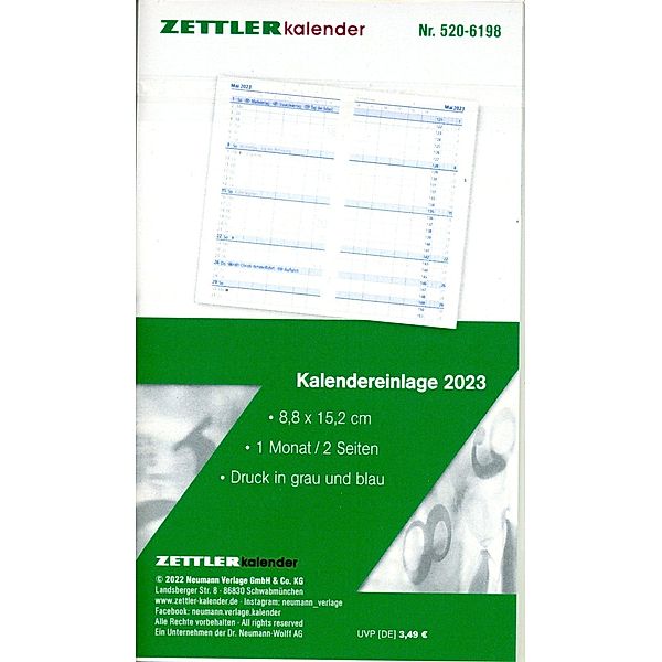 Kalender-Ersatzeinlage 2023 - für den Taschenplaner Typ 520 - 8,8x15,2 cm - 1 Monat auf 2 Seiten - separates Adressheft