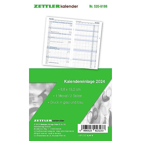 Kalender-Ersatzeinlage 2024 - für den Taschenplaner Typ 520 - 8,8x15,2 cm - 1 Monat auf 2 Seiten - separates Adressheft - faltbar - Notiz-Heft - 520-6198