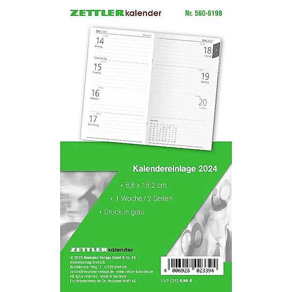Kalender-Ersatzeinlage 2024 - für den Taschenplaner Typ 560 - 8,8x15,2 cm - 1 Woche auf 2 Seiten - separates Adressheft - Notizheft - 520-6198