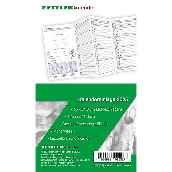 Kalender-Ersatzeinlage 2025 - für den Taschenplaner Leporello Typ 501 - 8,8 x 15,2 cm - 1 Monat auf 1 Seite - separates Adressheft - 501-6198
