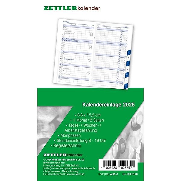 Kalender-Ersatzeinlage 2025 - für den Taschenplaner Typ 530 - 8,8x15,2 cm - 1 Monat auf 2 Seiten - Registerschnitt - separates Adressheft - Notizheft - 530-6198