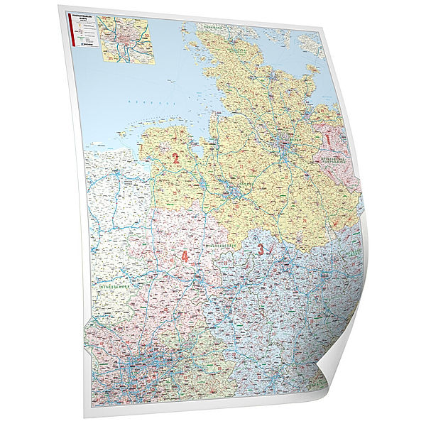 Kastanea Postleitzahlenkarte Nordwest-Deutschland, 113 x 131 cm, Papierkarte gerollt, folienbeschichtet