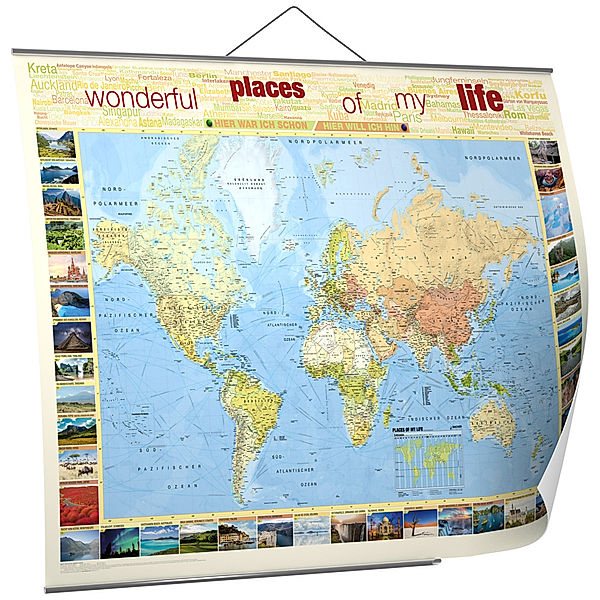 Kastanea Weltkarte Places of my life, 1:35 MIO., deutschsprachig, Papierkarte gerollt, folienbeschichtet und beleistet