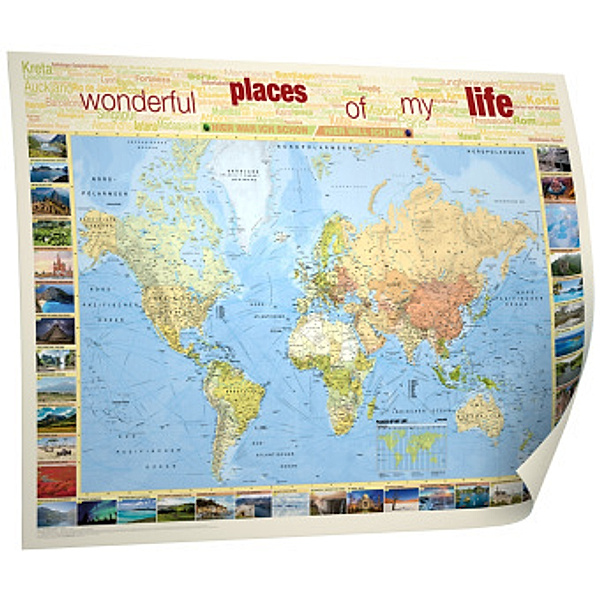 Kastanea Weltkarte Places of my life, 1:50 Mio., deutschsprachig, Papierkarte gerollt, folienbeschichtet und beleistet