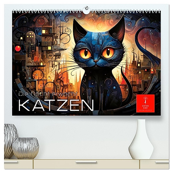 Katzen - die Nacht erwacht (hochwertiger Premium Wandkalender 2024 DIN A2 quer), Kunstdruck in Hochglanz, Calvendo, Peter Roder
