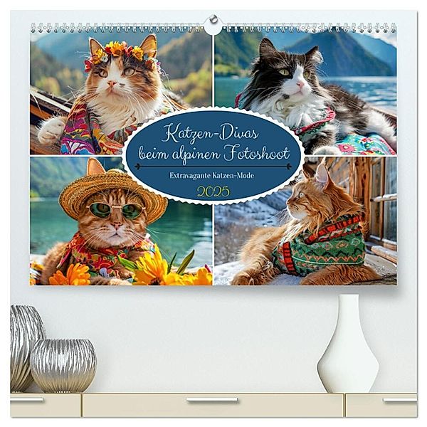 Katzen-Divas beim alpinen Fotoshoot. Extravagante Katzenmode (hochwertiger Premium Wandkalender 2025 DIN A2 quer), Kunstdruck in Hochglanz, Calvendo, Rose Hurley