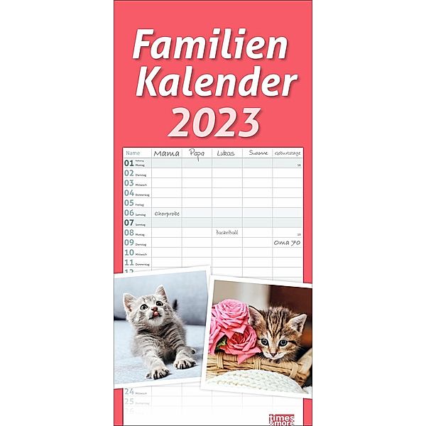 Katzen Familienplaner 2023. Ein praktischer Kalender mit 5 Spalten für Pläne, Termine und Notizen der ganzen Familie. Ni