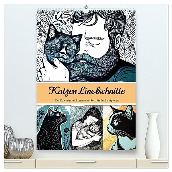 Katzen Linolschnitt - Der Kalender mit kunstvollen Porträts der Samtpfoten (hochwertiger Premium Wandkalender 2024 DIN A2 hoch), Kunstdruck in Hochglanz, Anja Frost