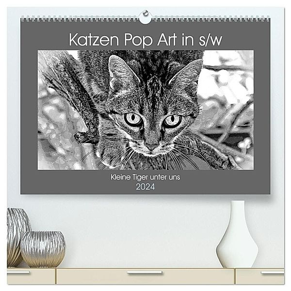 Katzen Pop Art in s/w - Kleine Tiger unter uns (hochwertiger Premium Wandkalender 2024 DIN A2 quer), Kunstdruck in Hochglanz, Marion Bönner