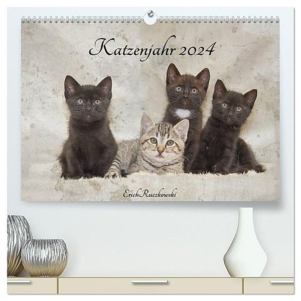 Katzenjahr 2024 (hochwertiger Premium Wandkalender 2024 DIN A2 quer), Kunstdruck in Hochglanz, Erich Ruczkowski