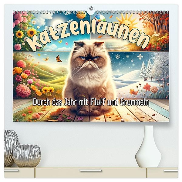 Katzenlaunen - Durch das Jahr mit Fluff und Grummeln (hochwertiger Premium Wandkalender 2025 DIN A2 quer), Kunstdruck in Hochglanz, Calvendo, artefacti