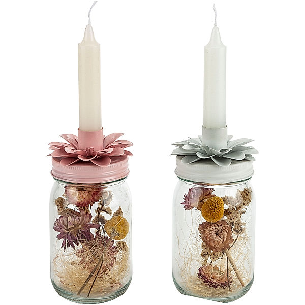 Kerzenständer Blütenschwestern mit Trockenblumen, 2er-Set