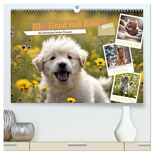 KI - Hund und Katz `des Menschen bester Freund (hochwertiger Premium Wandkalender 2025 DIN A2 quer), Kunstdruck in Hochglanz, Calvendo, Claudia Schimmack