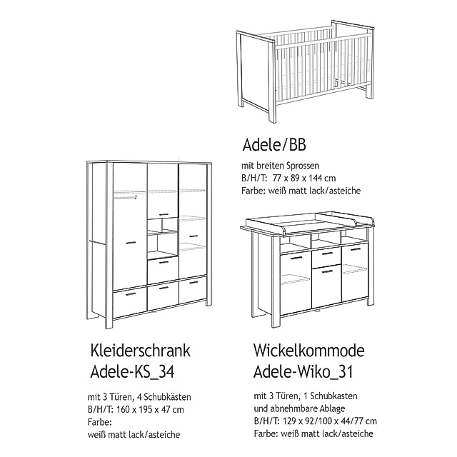 Kinderzimmer ADELE 3-tlg. Variante: Schrank Bett Kommode kaufen