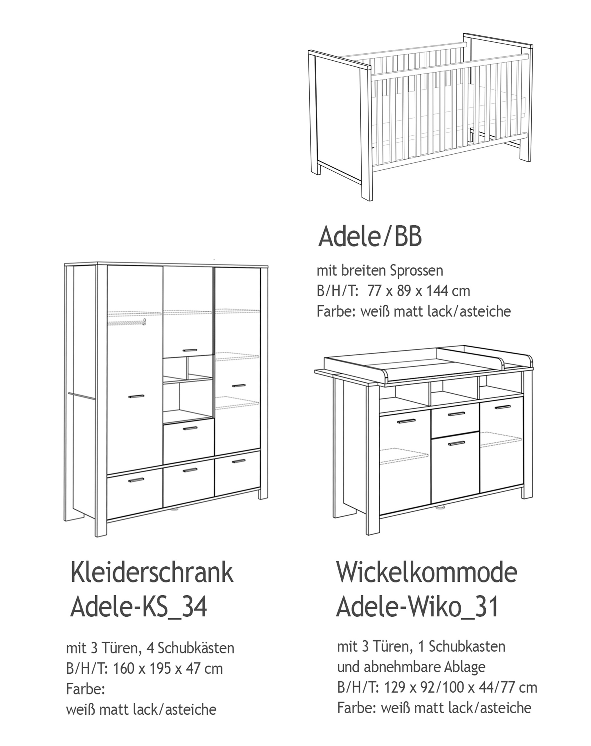 Kinderzimmer ADELE 3-tlg. Variante: Schrank Bett Kommode kaufen